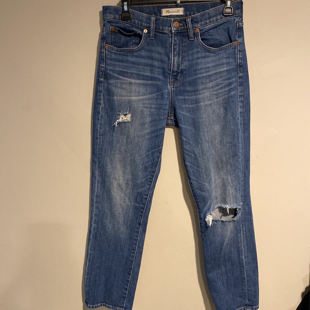 Madewell Straight Crop Distressed Jeans Womens Blue Denim Mid Rise Sz 27 Euc
